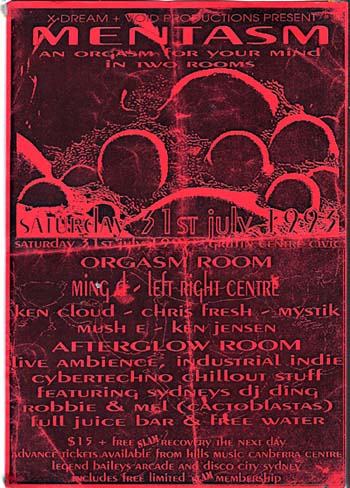 Mentasm early Canberra Rave Raves Dance Party Music Scene 1990s Griffin Centre DJs Mel Robbie Chris Fresh Ken Cloud Jensen Mystik Mush E Ming D Left Right Centre Club Cactoblastis Club Raw Smile The Base