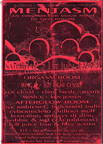 Mentasm early Canberra Rave Raves Dance Party Music Scene 1990s Griffin Centre DJs Mel Robbie Chris Fresh Ken Cloud Jensen Mystik Mush E Ming D Left Right Centre Club Cactoblastis Club Raw Smile The Base