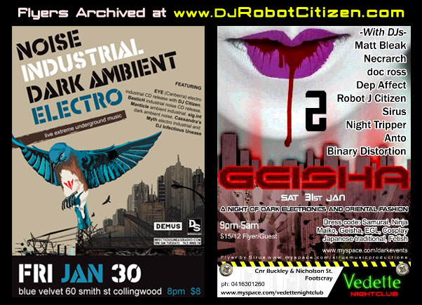 Melbourne Australia Night Club DJs Dark Electro Industrial Goth Clubs Techno Punks Goths Noise Ambient Dance Gothic Scene History People Fashion Bands Nights Blue Velvet Enzyme 8 DEMUS DJ Robot Citizen Vedette Nightclub Footscray Victoria Dawn Industry Geisha Event 2009