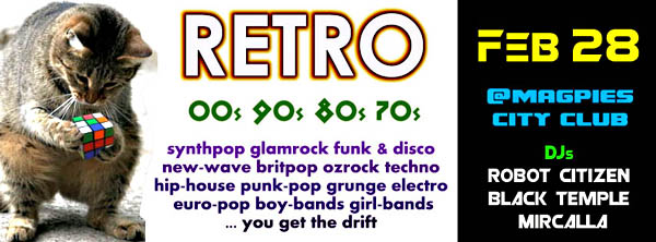Canberra ACT RETRO Best Party Nightclub Night Clubs Events DJ Robot Citizen Canberran DJs Top 40 Hits Songs Disco Funk Synth Pop New Wave Glam Heavy Aus Oz Rock Electronic Dance 90s 80s 70s 60s Gothic Music DJ Black Temple Magpies City Club Underground