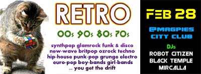 Canberra's Best RETRO Nightclub 80s 70s 90s 00s Party Scene Music Events Australian Night Clubs Nightlife Photos Pubs Bar Club Events Top 40 Hits Disco Funk Electro Synth Pop Rock Songs Festival DJs Robot Citizen Black Temple Magpies Underground City Club 2015