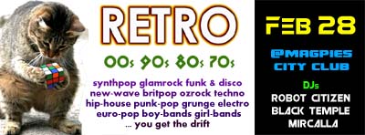 Canberra's Best RETRO Nightclub 80s 70s 90s 00s Party Scene Music Events Australian Night Clubs Nightlife Photos Pubs Bar Club Events Top 40 Hits Disco Funk Electro Synth Pop Rock Songs Festival DJs Robot Citizen Black Temple Magpies Underground City Club 2015