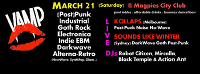 Goths in Canberra's Gothic Scene Australian Rivethead Subcultures Night Clubs Nightlife Photos VAMP Alternative Party Music Club History Melbourne Sydney Bands Kollaps Sounds Like Winter Dark Heavy No Wave Noise Post Punk Top Best DJs Robot Citizen Black Temple